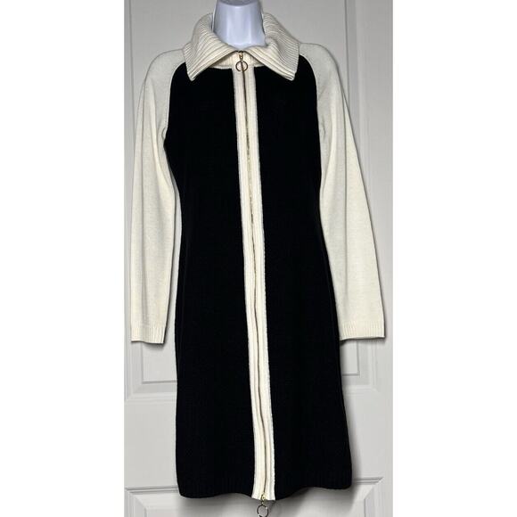 CALVIN KLEIN Sweater Dress SMALL Cream Black Front Zip Waffle Knit Long Sleeve - Picture 8 of 10